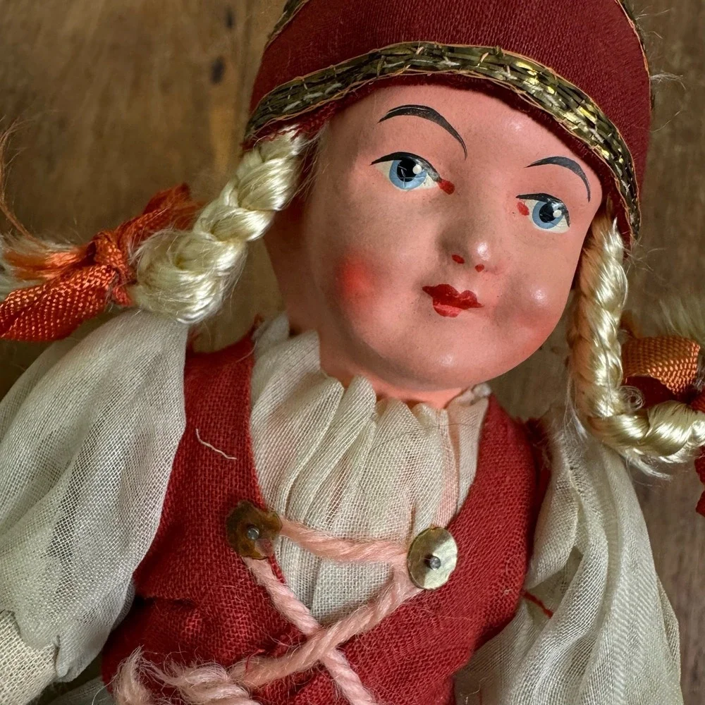 Vintage Antique Celluloid Cloth Straw Stuffed European Folk Art Style Doll‎